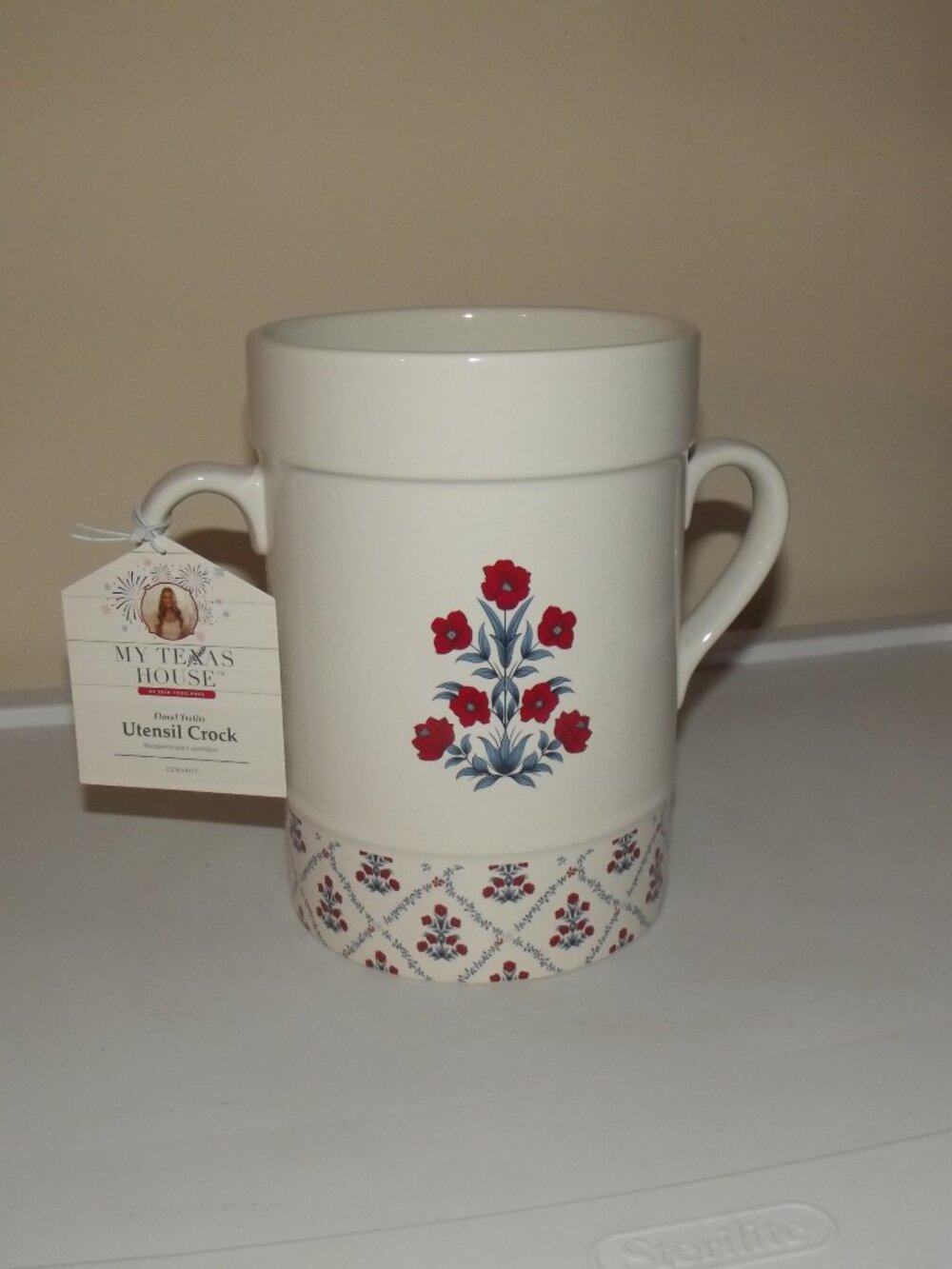 My Texas House Utensil Crock,Florral Trellis SZ 5x7x13.7---NWT